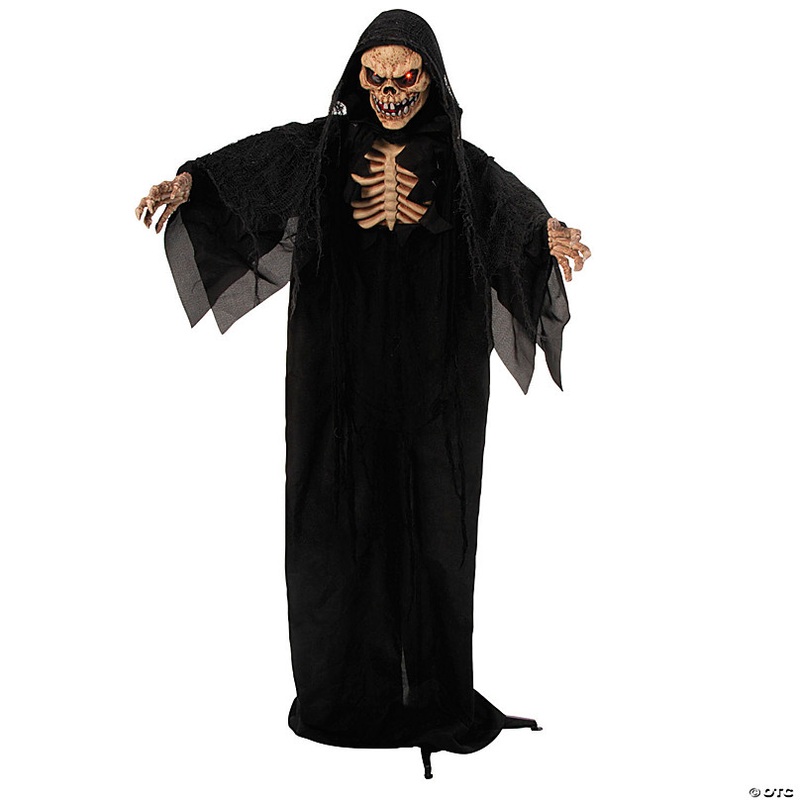 5 Ft. 10 3/4 Animated Standing Skeleton Reaper with Black Cloak Halloween Decoration