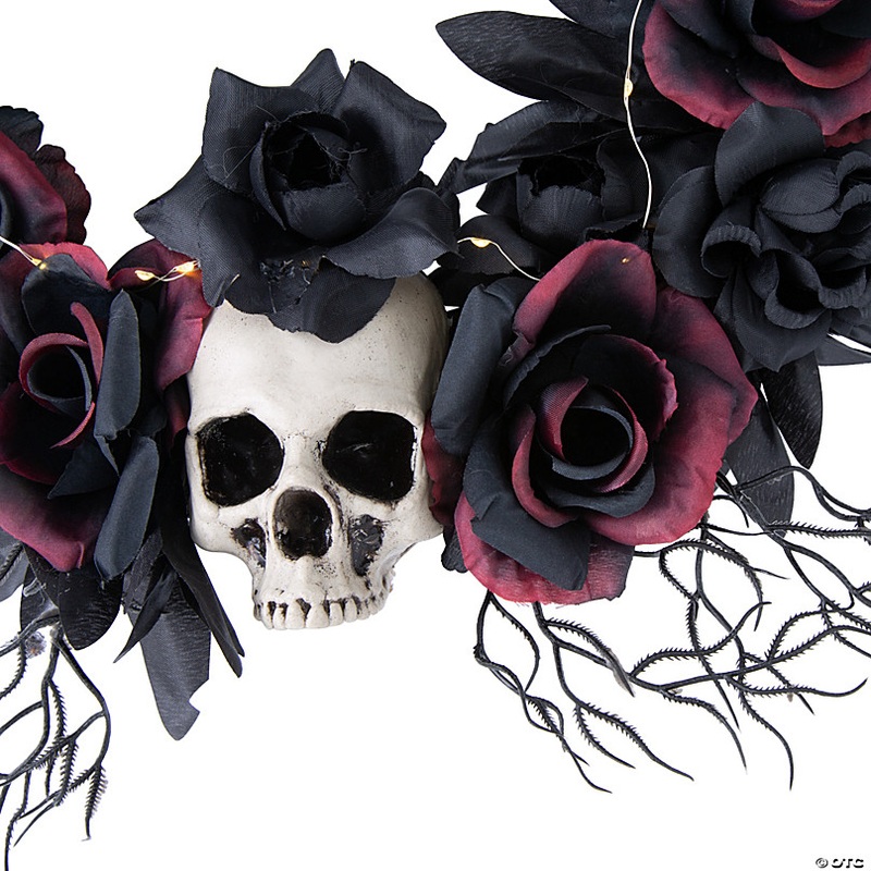23 1/2 Light-Up Dead Roses & Skull Halloween Wreath Decoration