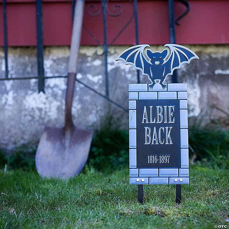 3-D Metal Tombstone (ALBIE BACK) Lawn Sign- (Large 17 Tall w Stakes)- Durable, Weatherproof, UV Printed - Upgrade Your Halloween Cemetery Graveyard Decoration