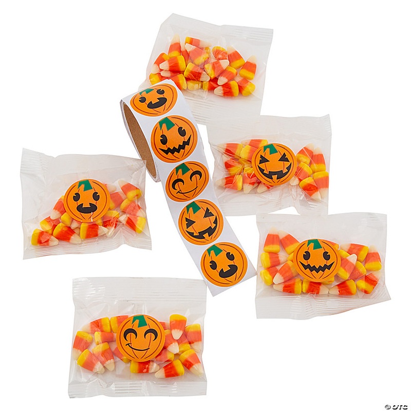 Candy Corn Handouts with Orange Pumpkin Stickers for 32