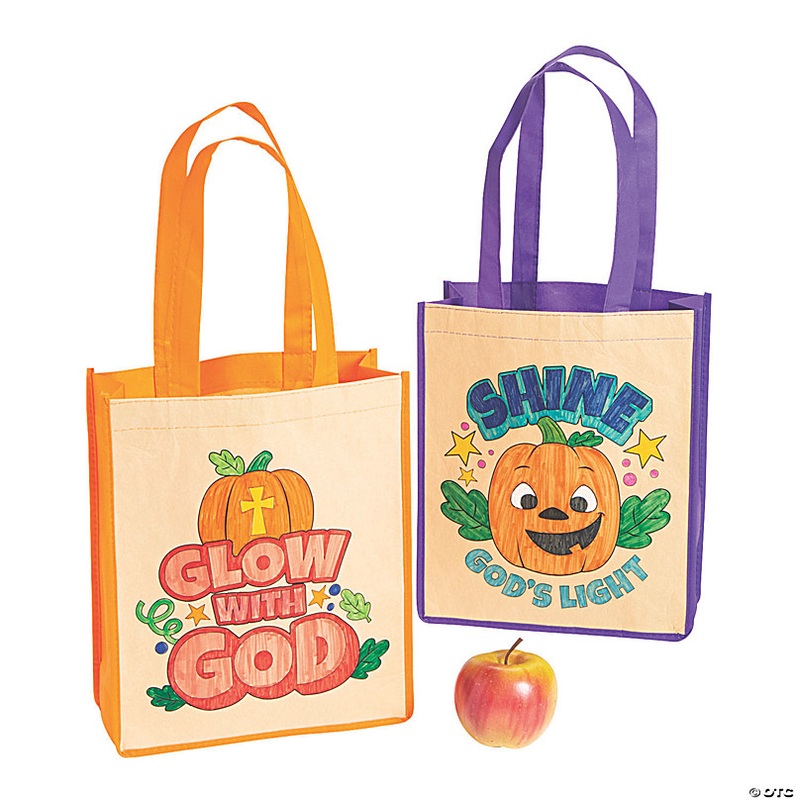 Color Your Own Medium Christian Pumpkin Halloween Nonwoven Tote Bags - 12 Pc.
