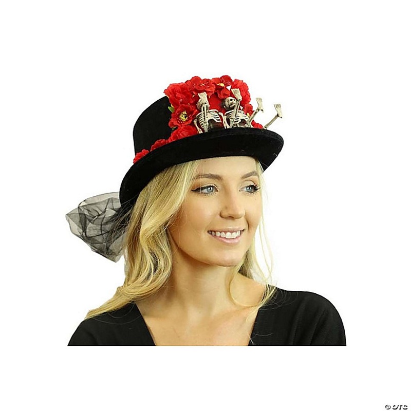 Day of the Dead Skeleton Couple Adult Costume Top Hat with Red Roses