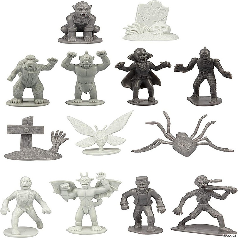 Monster Mini Action Figure Playset- 100 Horror Toy Miniatures w 13 Unique Sculpts - Dracula, Frankenstein, Giant Spiders and More- XL 1/32nd Scale Halloween Cha