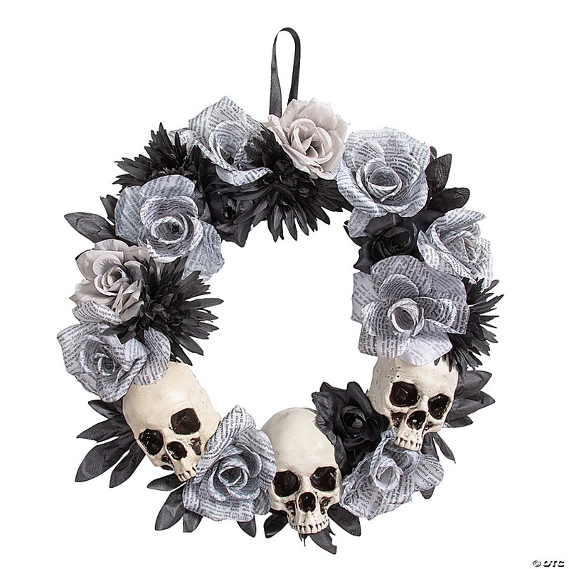 17 1/2 x 17 1/2 White Roses Wreath with Skulls Halloween Decoration