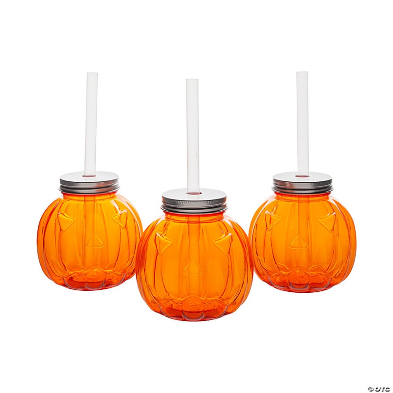 17 oz. Jack-O-Lantern-Shaped Reusable BPA-Free Plastic Cups with Lids & Straws - 12 Ct.