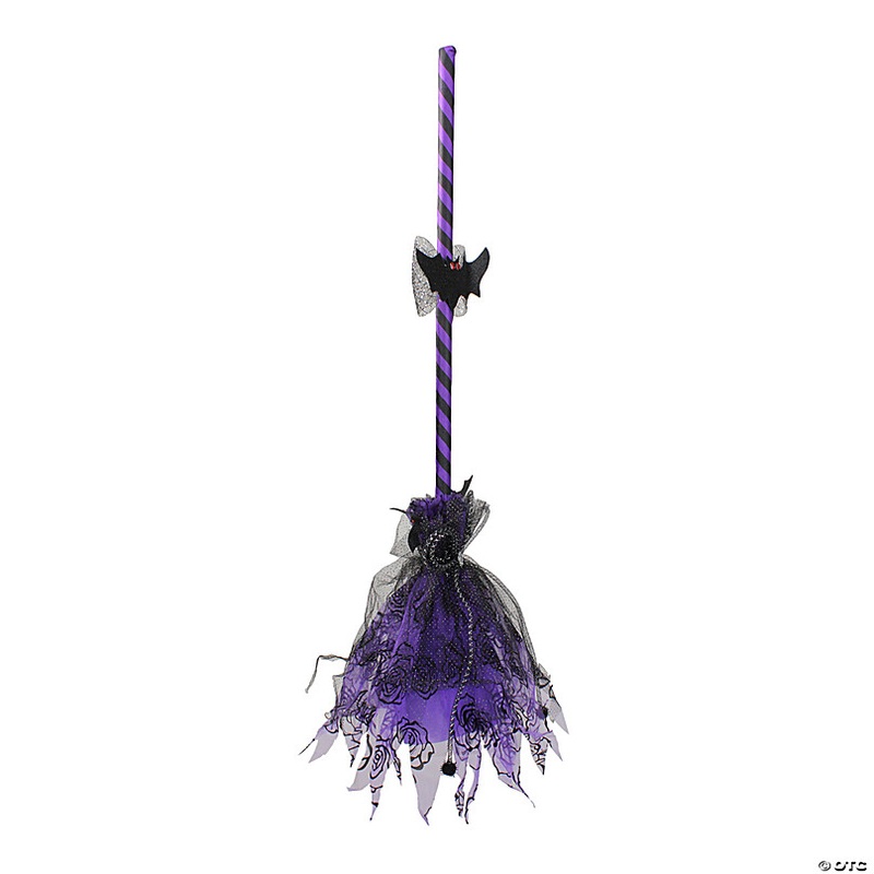 29 Purple and Black Striped Animated Witches Halloween Broom with Bat Accents
