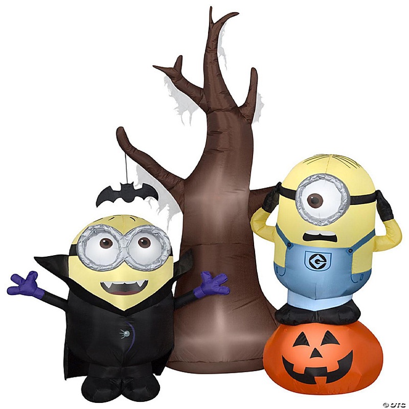 Gemmy Airblown Minions with Tree and Pumpkin Scene Universal  5.5 ft Tall  Multicolored