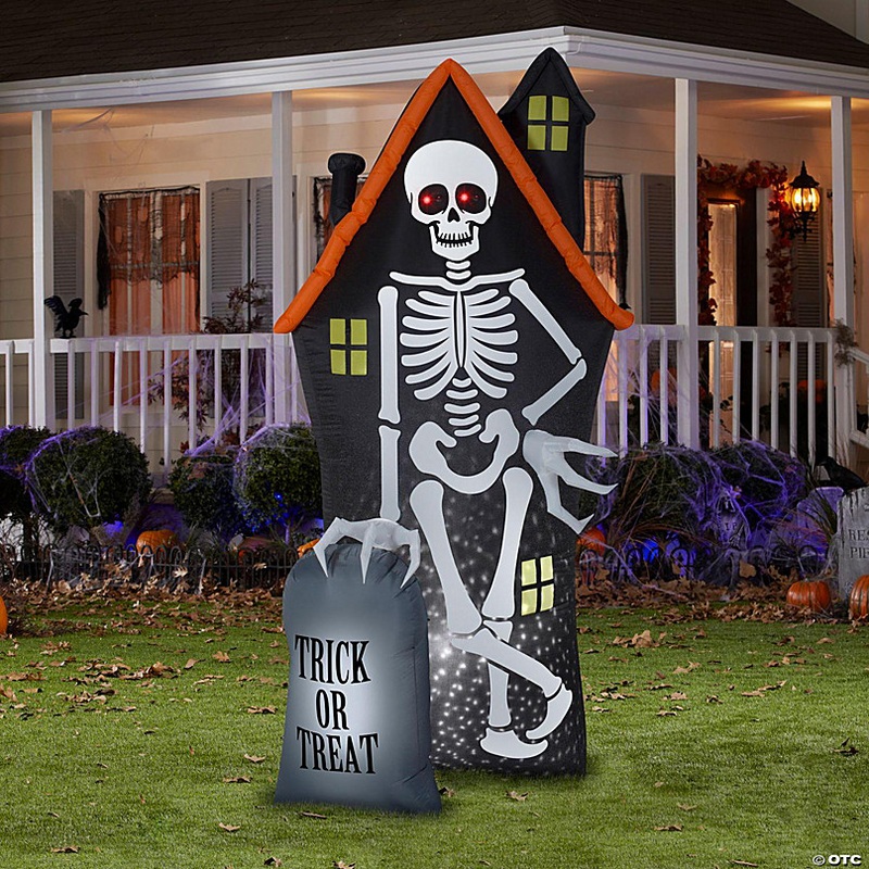 Gemmy Projection Airblown StarSpinner Skeleton and Haunted House Tombstone Scene (White)  8 ft Tall