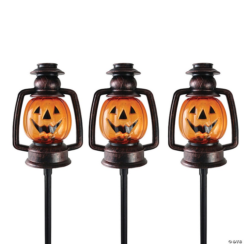 Set of 3 Orange Flickering Halloween Jack O Lantern Pathway Markers Outdoor Decor