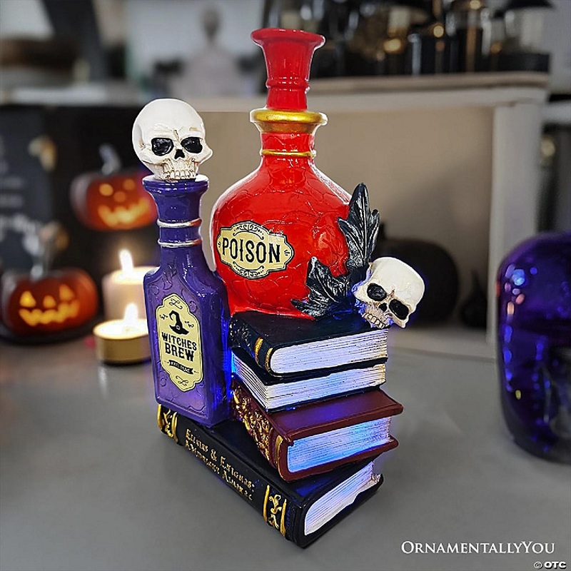 Sorcerers Syrups Spooky Lighted Figurine, 8 Potions Poisons and Books Halloween Statue, OrnamentallyYou