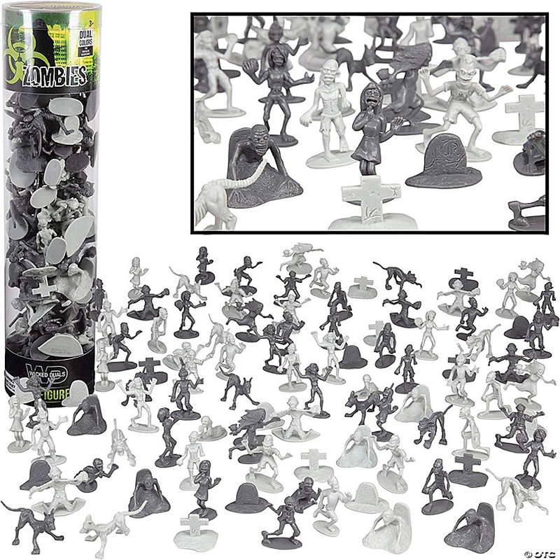 Zombie Action Figures - Big Bucket of 100 Zombies with 14 Unique Sculpts - Zombies, Pets, Graves, and Humans for Playtime, Decoration and Halloween Trick or Tre