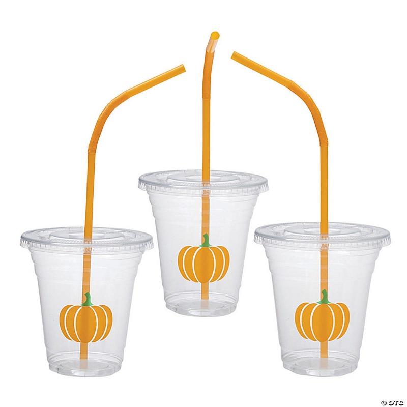 12 oz. Bulk 50 Ct. Clear Pumpkin Disposable Plastic Cups with Lids & Straws
