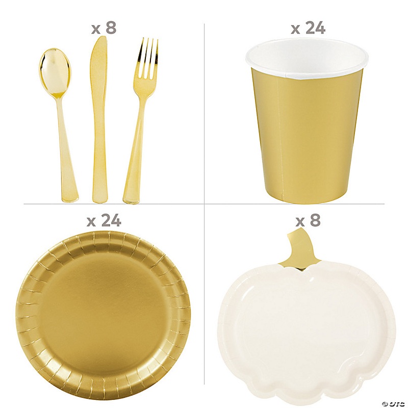 148 Pc. White & Gold Pumpkin Disposable Tableware Kit for 8 Guests