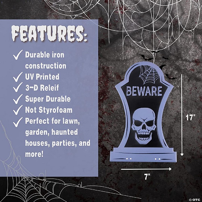 3-D Metal Tombstone (BEWARE) Lawn Sign- (Large 17 Tall w Stakes)- Durable, Weatherproof, UV Printed - Upgrade Your Halloween Cemetery Graveyard Decoration - He