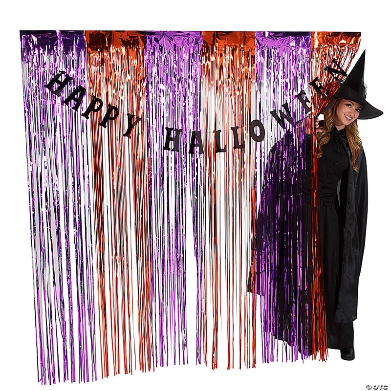 6 Ft. Happy Halloween Purple & Orange Metallic Fringe Backdrop with Black Garland - 2 Pc.