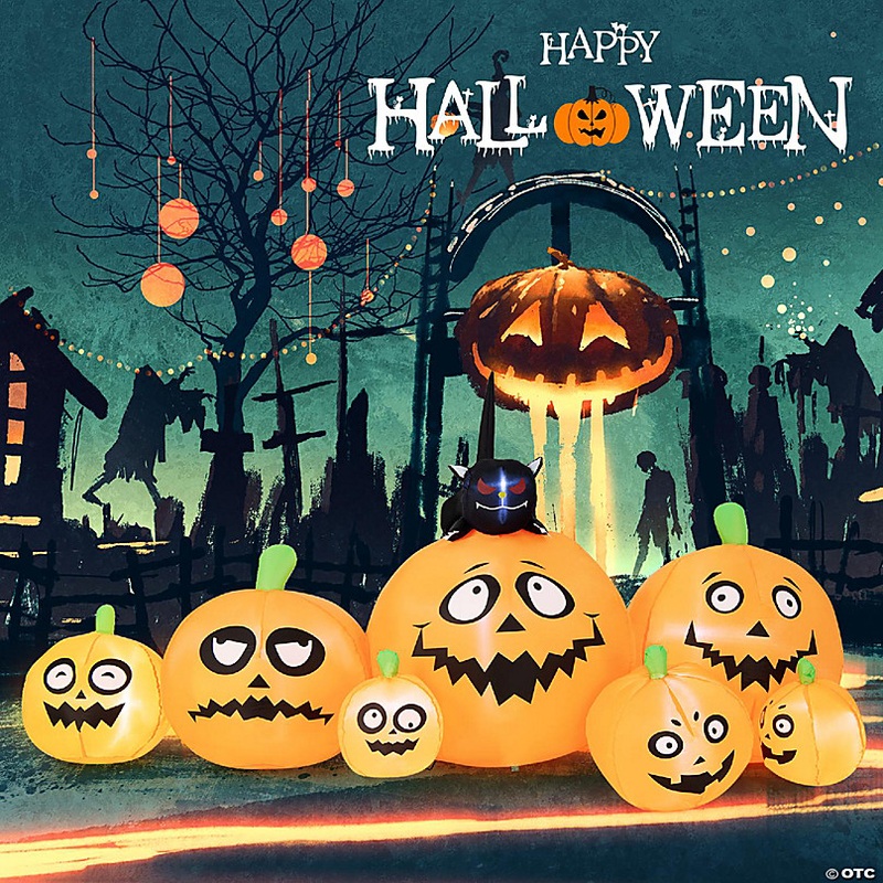 Costway 8FT Long Halloween Inflatable Pumpkins Self Inflating Halloween Pumpkin Patch Lanterns