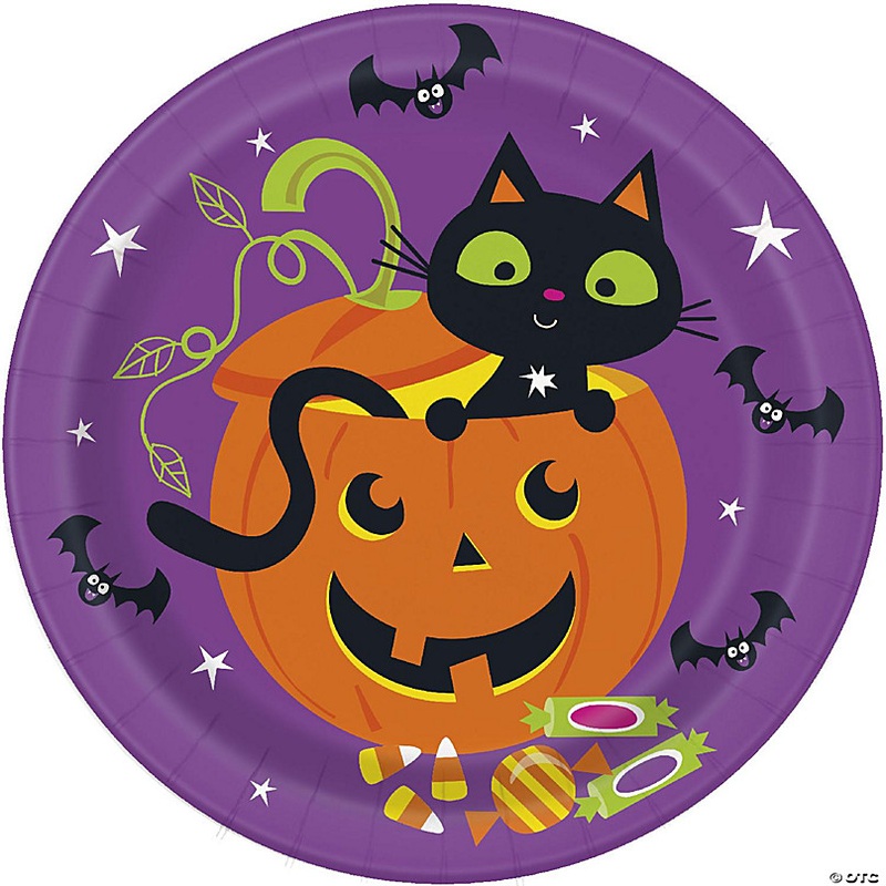 Halloween Cat & Pumpkin Round 9 Dinner Plates - 8ct
