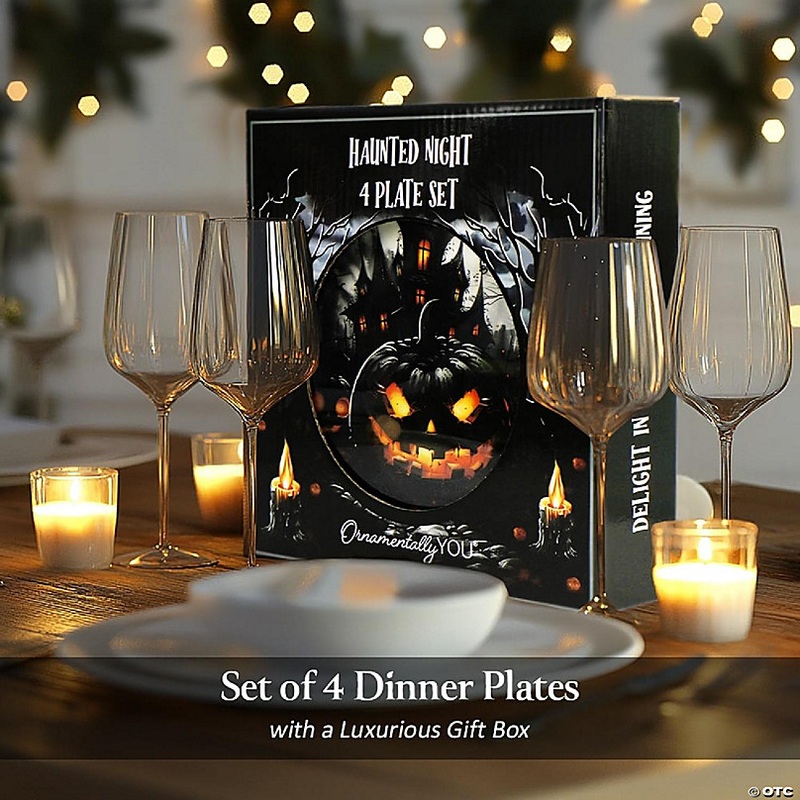 Haunted Night Set of 4 Plates, Black Halloween Tableware Collection for Salad, Dessert, Appetizer, and Side Plates, OrnamentallyYou