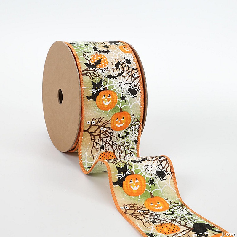 LaRibbons 2 1/2 Wired Ribbon - Pumpkin Spiderweb Orange/Multi - 10 Yard Roll