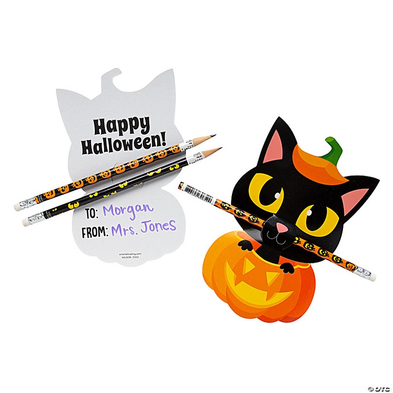 Spooky Eyes & Jack-O-Lantern Pencils with Black Cat Halloween Card for 24