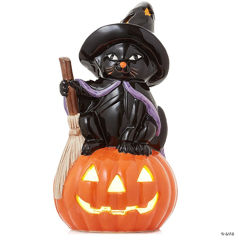 Casafield Pre-Lit Ceramic Halloween Black Cat on Pumpkin Hand-Painted Tabletop Decor