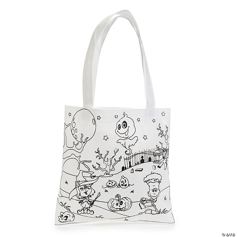 Color Your Own Medium Goofy Goblins Halloween Tote Bags - 12 Pc.
