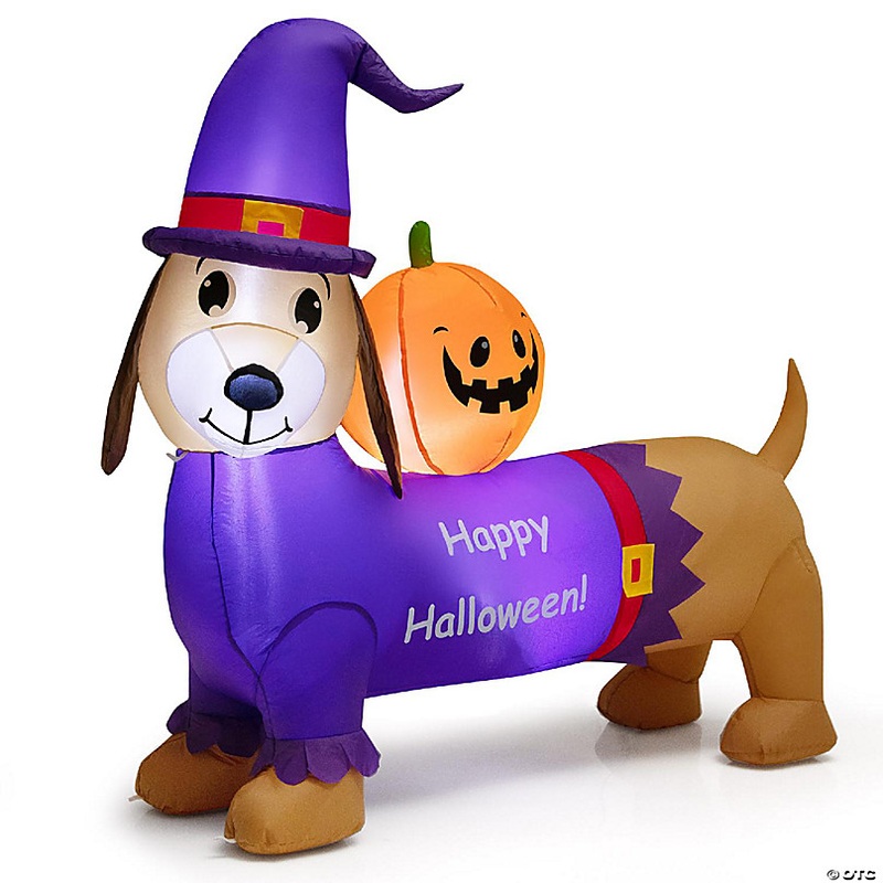 Costway 5 FT Long Halloween Inflatable Dachshund Dog with Pumpkin Self Inflating Yard