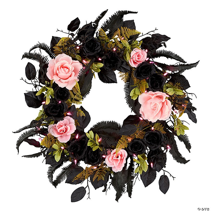 National Tree Company 24 Artificial Cute and Creep Halloween Wreath, 40 Pink LED Lights, Battery Operated