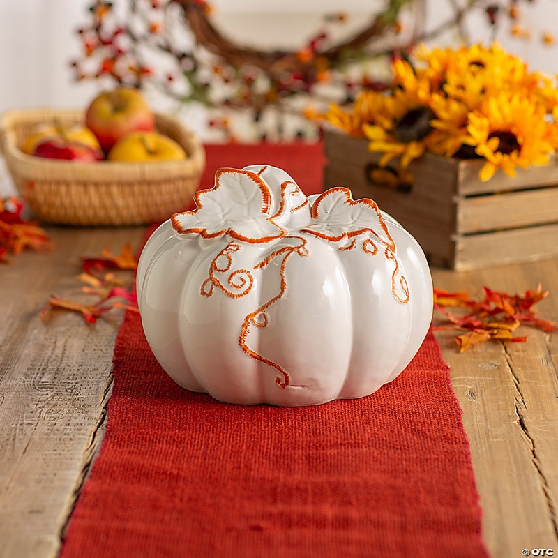 10 White Ceramic Pumpkin with Molded Leaves & Vines