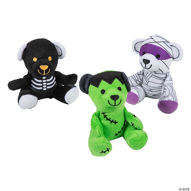 4 1/2 Halloween Skeleton, Mummy & Frankenstein Stuffed Bears - 12 Pc.