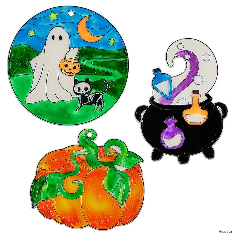 6 1/4 - 7 3/4 Large Halloween Scene Plastic Suncatchers - 12 Pc.