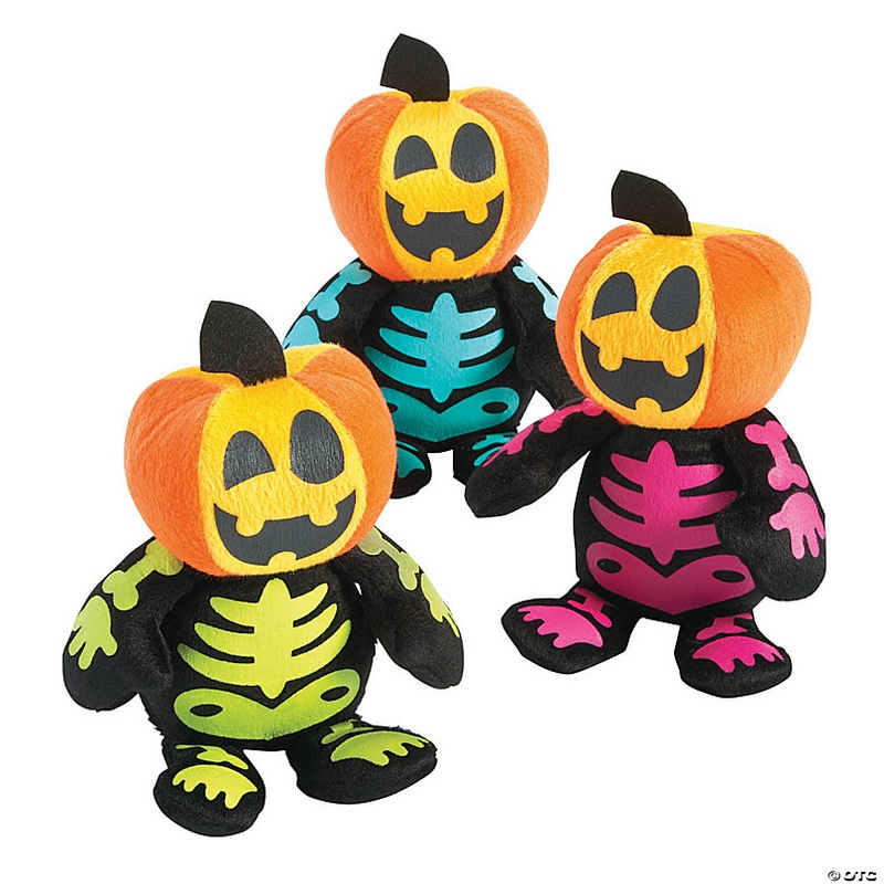 7 Halloween Spookadelic Stuffed Skeletons with Jack-O'-Lantern Head - 12 Pc.