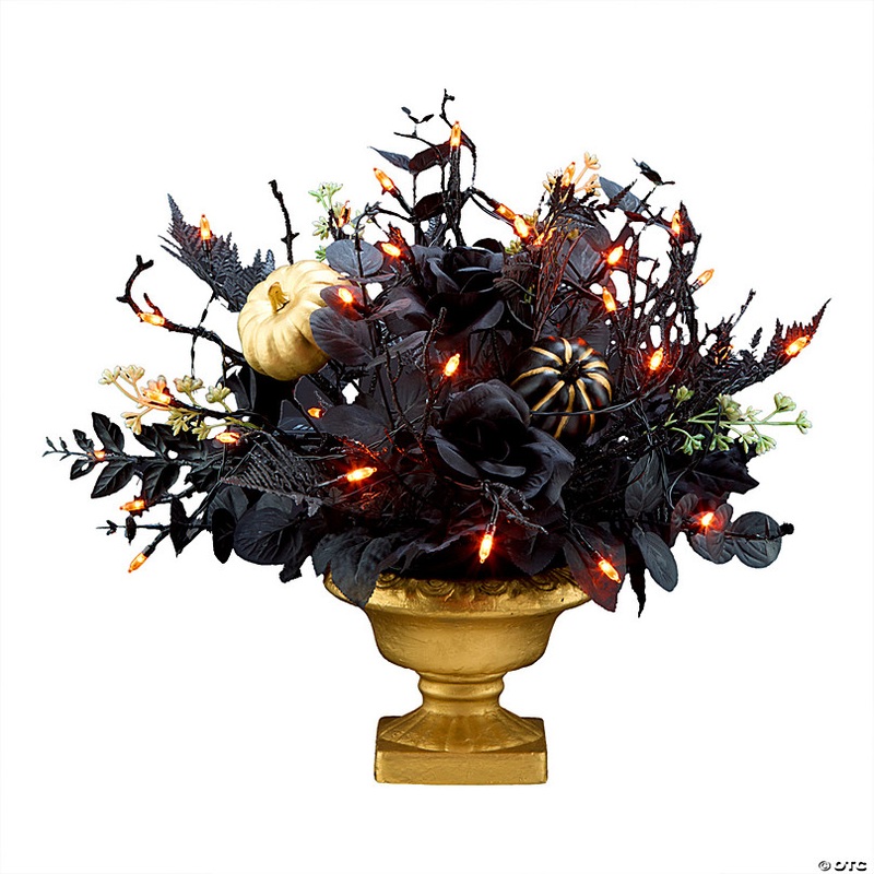 National Tree Company 16 Artificial Chic Eek Black and Gold Halloween Centerpiece, 35 Orange LED Lights, Battery Operated