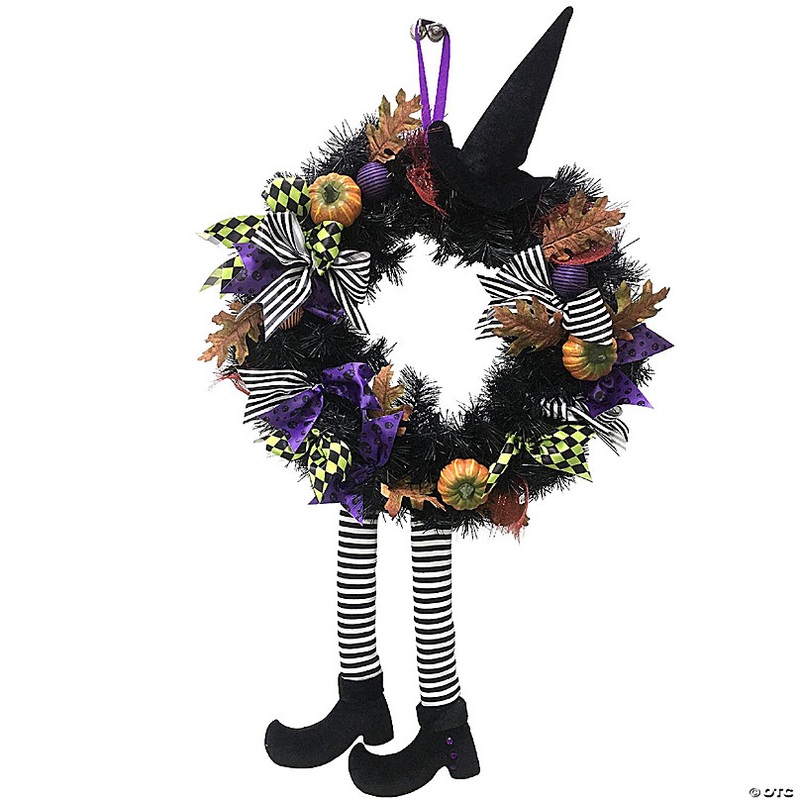 Skeleteen Happy Halloween Witch Wreath - Front Door Hanging Witchy Decorations with Pumpkins, Maple Leaves, Witch Hat and Witch Legs