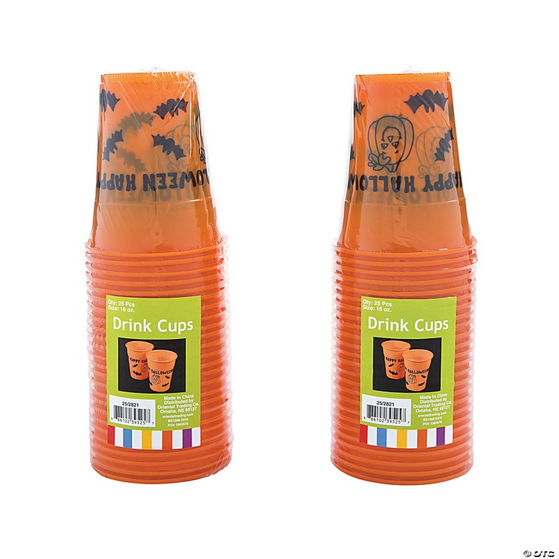 16 oz. Bulk 50 Ct. Happy Halloween Pumpkin & Bats Disposable Plastic Cups