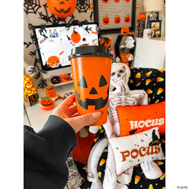 16 oz. Jack-O-Lantern Disposable Paper Coffee Cups with Lids - 12 Ct.