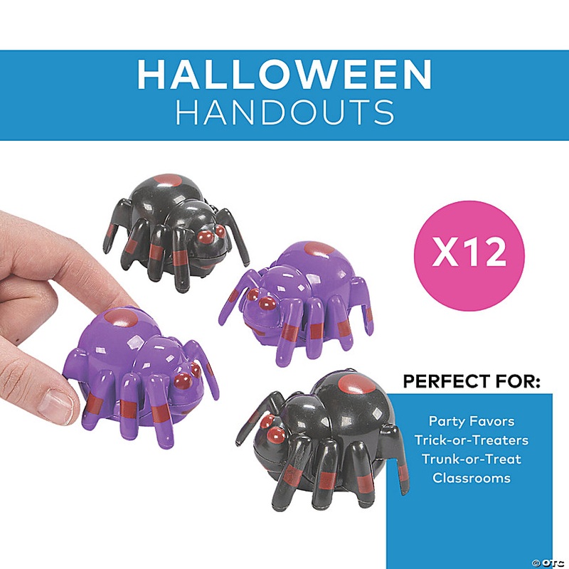 2 x 1 1/2 Mini Halloween Black & Purple Plastic Spider Pull-Back Toys - 12 Pc.