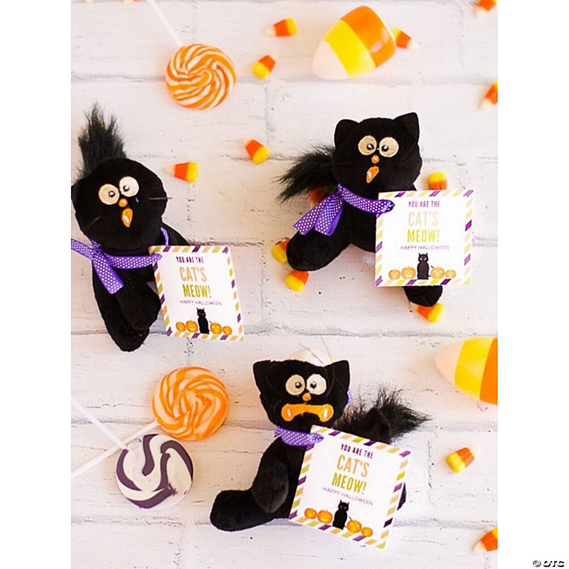 4 1/2 Halloween Black Scaredy Face Stuffed Cat Toys - 12 Pc.