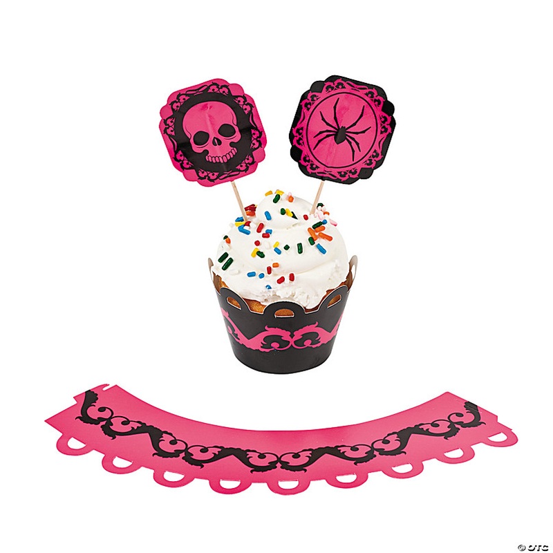 Bulk  100 Pc. Pink & Black Halloween Cupcake Wrappers with Picks