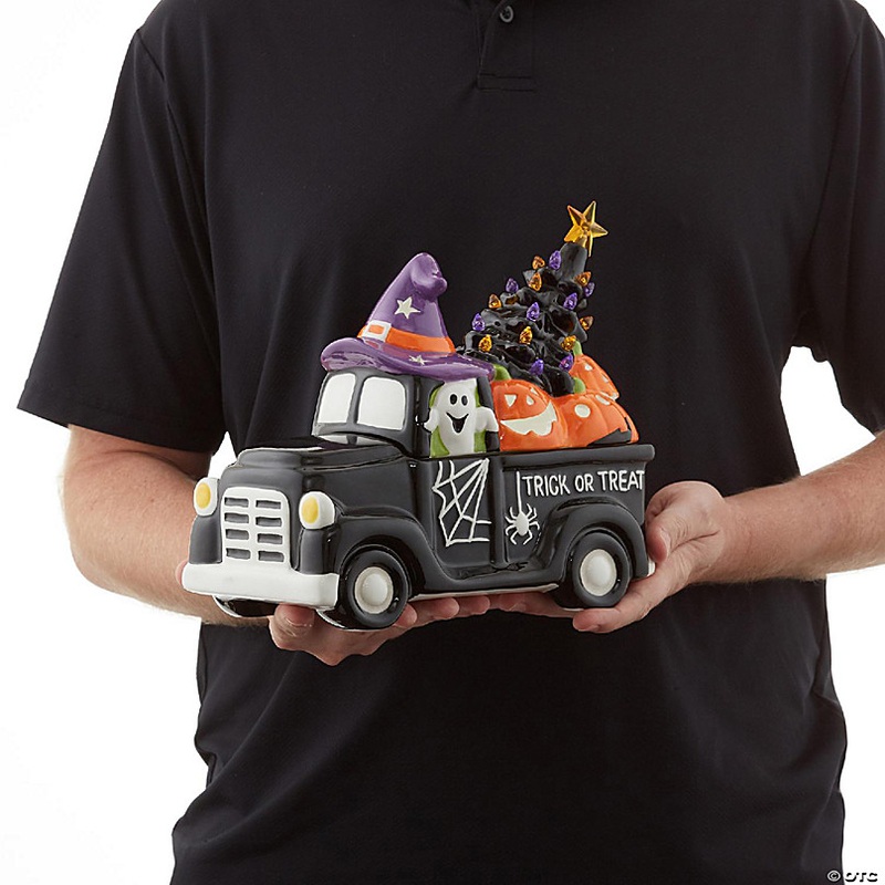 Casafield Pre-Lit Ceramic Halloween Truck with Pumpkin Hand-Painted Tabletop Decor