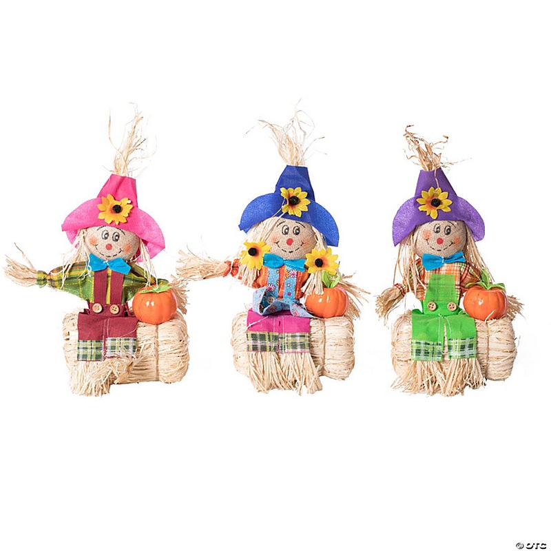 Gardenised Outdoor Fall Decor Halloween Scarecrow for Garden Ornament Sitting on Hay Bale, Straw Multicolor, Set of 3, 12 in.