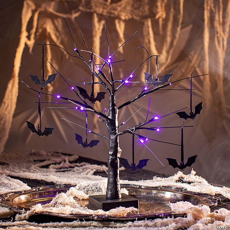 Light-Up Black Tree Halloween Tabletop Decoration with Bats