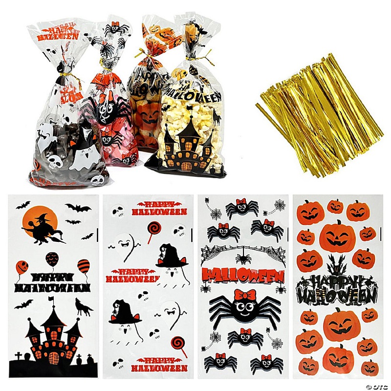 Wrapables 100pcs Halloween Cellophane Treat Bags and Ties, Halloween Treat Bag, Halloween Gift Bag, Halloween Goody Bag, Creepy Critters