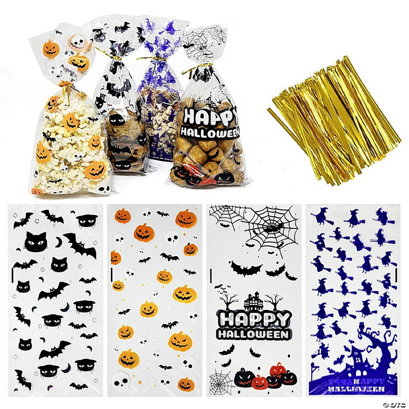 Wrapables 100pcs Halloween Cellophane Treat Bags and Ties, Halloween Treat Bag, Halloween Gift Bag, Halloween Goody Bag, Dark Creatures