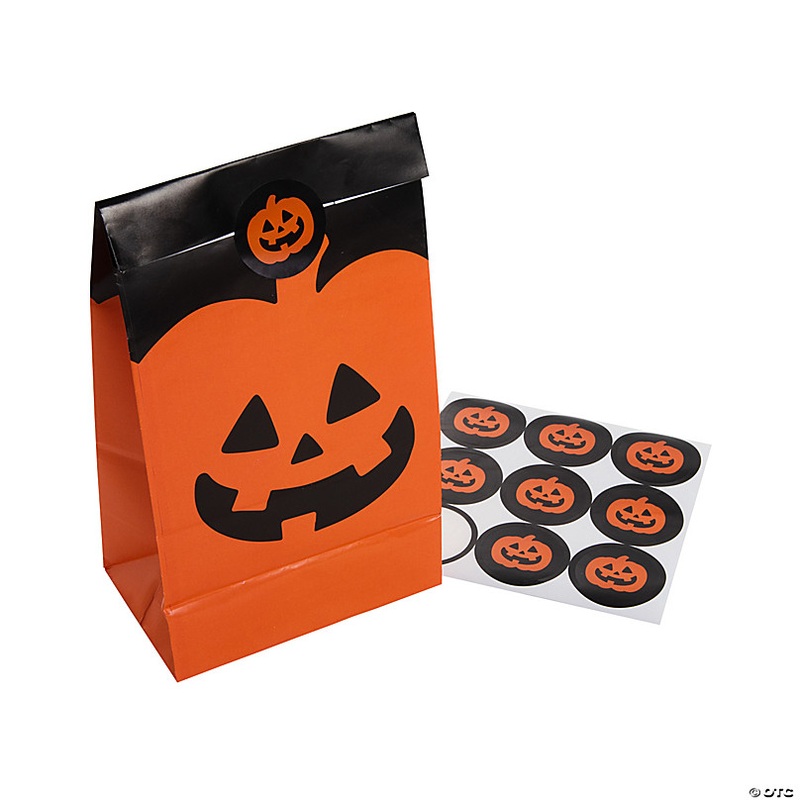 10 Bulk 48 Pc. Jack-O'-Lantern Paper Treat Bags with Stickers