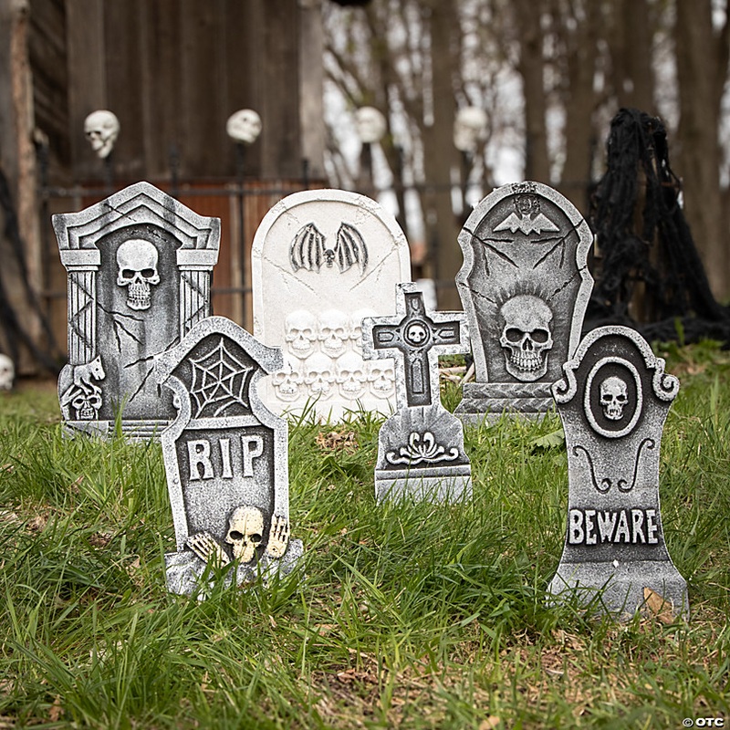 12 - 19 Bat & Skull Foam Tombstone Halloween Decorations Set  6 Pc.
