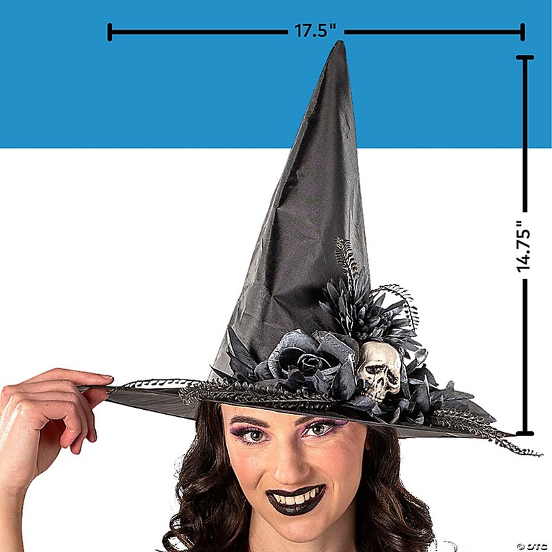 17 1/2 x 14 3/4 Black Flowers & Skull Polyester Witch Hat Costume Accessory