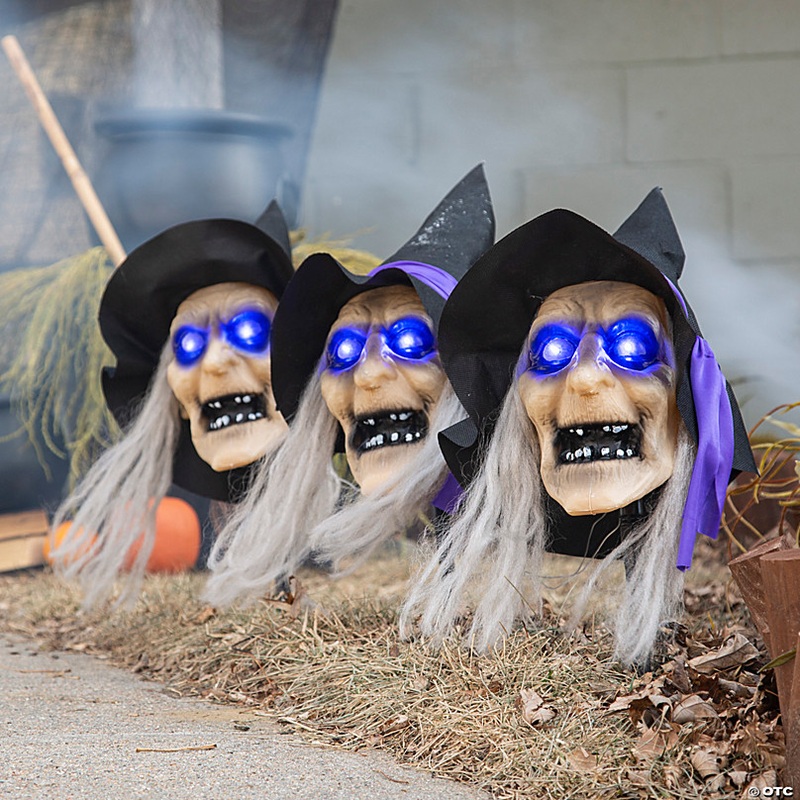 2 Ft. Light-Up Witch Head Yard Stake Halloween Decorations - 3 Pc.