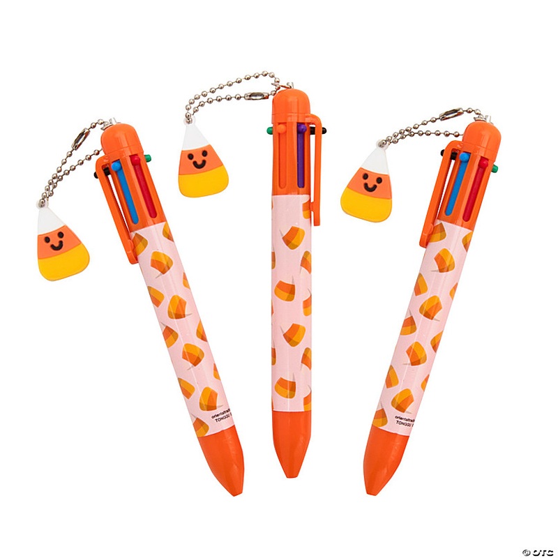 5 1/2 Halloween Candy Corn Plastic Shuttle Pens with Charm  12 Pc.