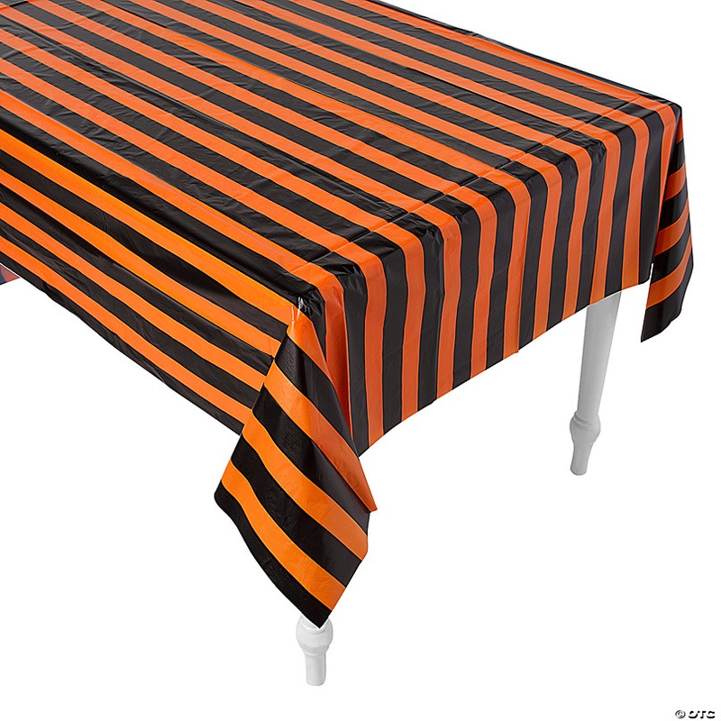 54 x 108 Halloween Orange & Black Striped Disposable Plastic Tablecloth